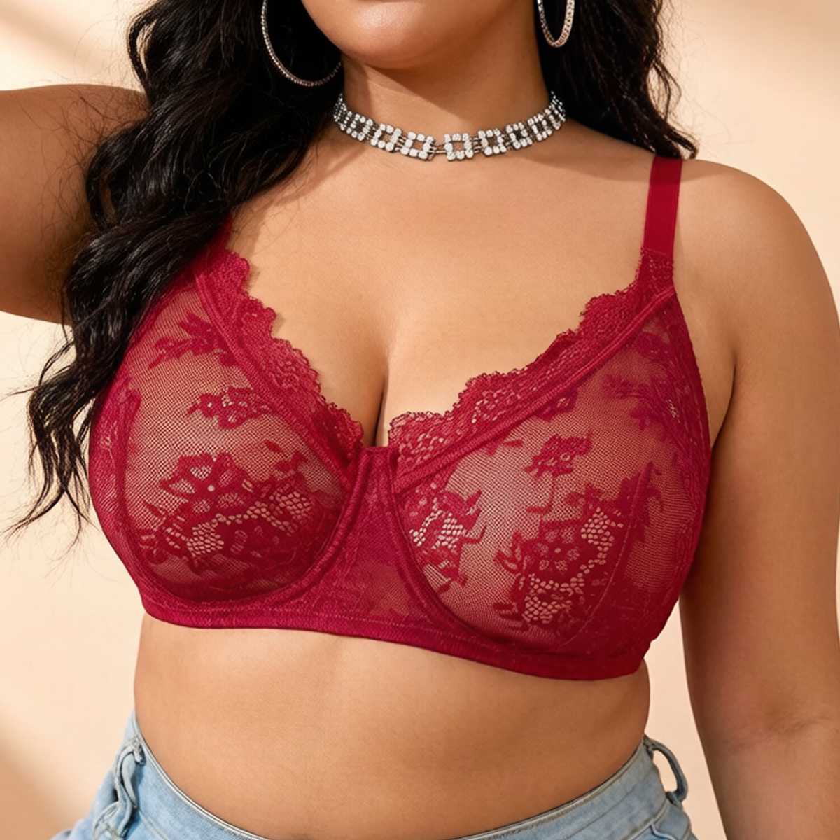 Women Plus Size Red Lace Sheer - Full Coverage Bra recensie en prijs