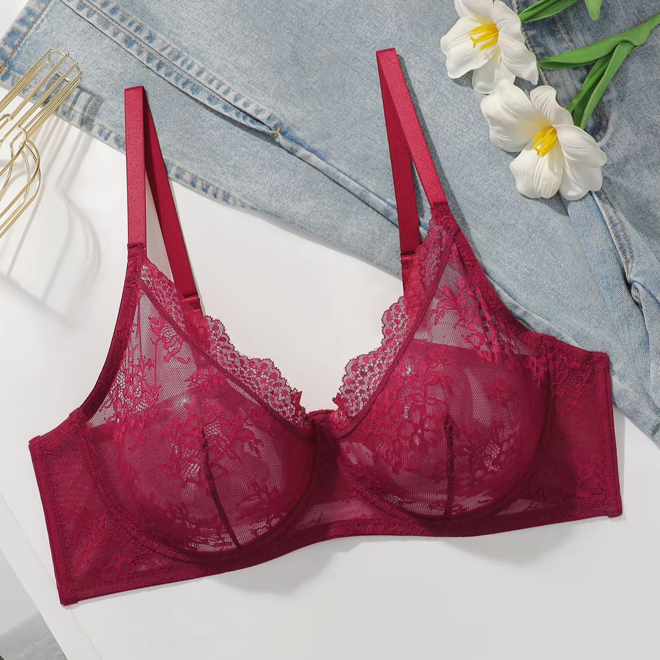 Women Plus Size Red Lace Sheer - Full Coverage Bra recensie en prijs